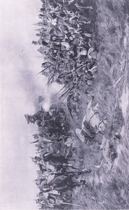 Het 28e Gloucester Regiment ontvangt Franse cavalerie bij Waterloo 18 juni 1815, illustratie uit Britse gevechten op land en zee, 1915