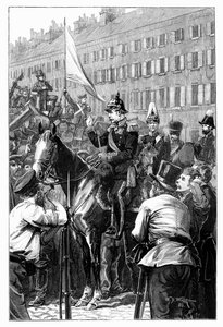 De koning van Pruisen spreekt de Berlijners toe door William Barnes Wollen