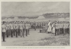 De militaire manoeuvres in Wilts en Dorset, de bisschop van Salisbury leidt de kerkdienst in het kamp op zondag 21 augustus
