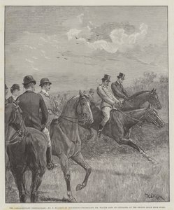 De parlementaire steeplechase, Mr F Mildmay op Discretion haalt Mr Walter Long op Crusader in, bij de tweede hindernis van huis door William Barnes Wollen