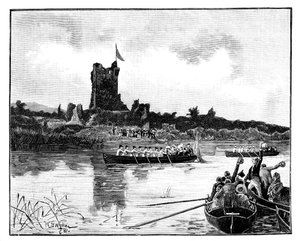 De koninklijke tour in Ierland, bezoek aan Ross Castle, Killarney, 1887 door William Barnes Wollen
