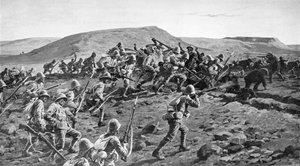 De Zuid-Lancashires bestormen de Boerenloopgraven bij Pieters Hill, Natal, 1900 door William Barnes Wollen