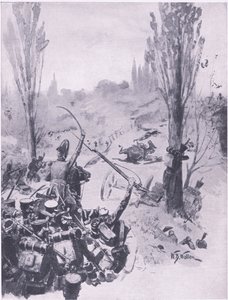De opmars van de Franse troepen bij Ligny, 16 juni 1815, illustratie uit Britse gevechten op land en zee, 1915