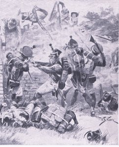 De aanval op de muur bij Hougomont: Waterloo 1815, illustratie uit Britse gevechten op land en zee, 1915 door William Barnes Wollen