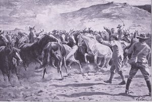 De vangst van de paarden in het Brandwater-district bij Fouriesburg: het bijeenbrengen van de kudde, illustratie uit Na Pretoria: De Guerrillaoorlog, 1902