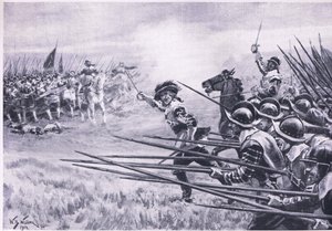 De aanval van de Royalistische infanterie bij Naseby, juni 1645, illustratie uit Britse gevechten op land en zee, 1915