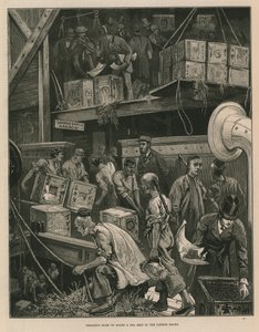 Lading lossen op een theeschip in de dokken van Londen (gravure)