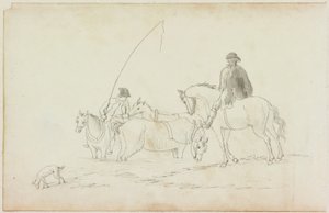 Twee mannen te paard met twee paarden en hond door William Beilby