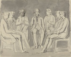 Groep mannen zittend in een cirkel [recto] door William Blake