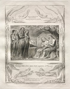 Het Boek Job: Pl. 19, Iedereen gaf hem ook een stuk Geld door William Blake
