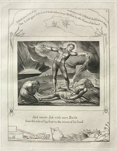 Het boek Job: Pl. 6, En sloeg Job met zere zweren van de zool van zijn voet..., 1825 door William Blake