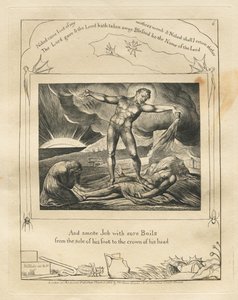 Het Boek van Job: Pl. 6, En sloeg Job met zere zweren van de voetzool tot de kruin van zijn hoofd door William Blake