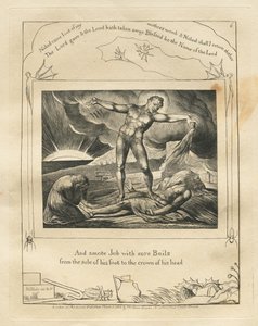 Het boek Job: Pl. 6, En sloeg Job met zere zweren van de zool van zijn voet tot de kroon... door William Blake
