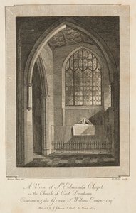 Uitzicht op de kapel van St. Edmund in de kerk van East Dereham, met het graf van William Cowper Esquire