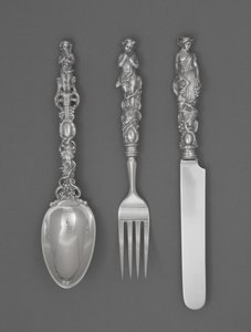 Set van kinderbestek (mes, vork en lepel), ca. 1865-1874 door William Bogert
