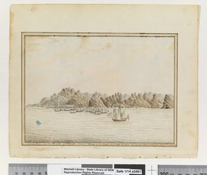 Santa Cruz aan de zuidoostkant van Tenerife; Sirius & Convoy in de wegen. Juni 1787. De Piek die in een kloof tussen twee andere bergen verschijnt