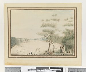 Uitzicht in Broken Bay, New South Wales. Maart 1788