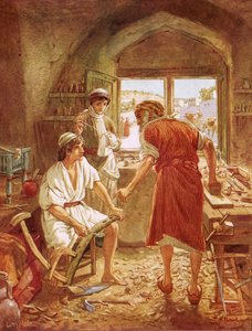 Christus werkend met Jozef als timmerman door William Brassey Hole