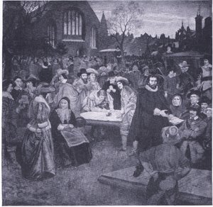 Ondertekening van het Nationale Verbond in Greyfriars Kerkhof 1638, uit Cassells Geschiedenis van het Britse Volk gepubliceerd door de Waverley Book Company Limited, ca. 1940