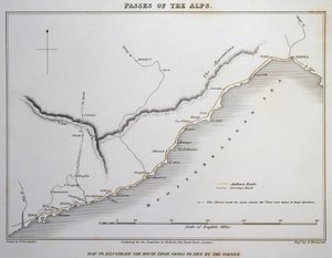 Kaart van passen in de Maritieme Alpen, kustweg tussen Genua en Nice, uit Illustraties van de passen van de Alpen waarmee Italië communiceert met Frankrijk, Zwitserland en Duitsland, door William Brockedon
