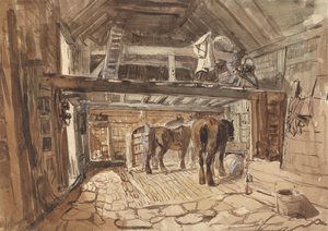 Interieur van een stal, met twee paarden die eten door William Burgess