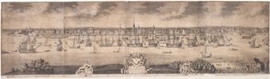 Een zuidelijk uitzicht op de bloeiende stad New York in de provincie New York in Amerika, gegraveerd door John Harris, 1717-18 door William Burgis