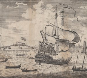 Een Uitzicht op Castle William bij Boston in New England, begin 18e eeuw door William Burgis.