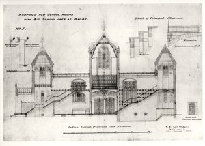 Details van ingangen, trappen, ovenkamerdeur en leuningen, (New Big School), Rugby School, 1844 door William Butterfield