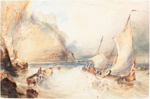 Franse Vissersboten bij een Rotsachtige Kust door William Callow