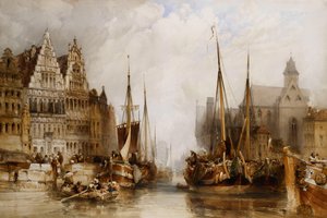 Huizen van de Franc Bateliers en Kerk van St. Nicolaas aan het Kanaal in Gent, 1845 door William Callow