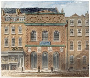 Het eerste operahuis in de Haymarket, afgebrand in 1789