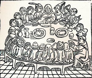 De Canterbury Pelgrims aan een Gedeelde Maaltijd, 1485 door William Caxton