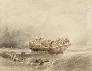 Een koopvaardijschip ontspoort in de kalmte na de storm. Aquarel door Clarkson Stanfield