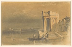Tempelruïnes aan een meer in een Italiaans landschap