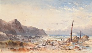 Een winderige dag met vissersvolk op het strand, 1874 door William Cook of Plymouth