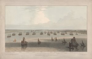 Gezicht op de in de Hope gestationeerde fregatten onder bevel van de oudere broeders van Trinity House, monding van de Theems door William Daniell