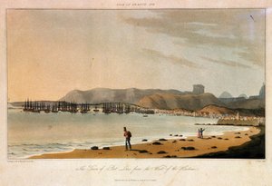 Ile de France (Mauritius), gezien van de stad Port Louis, vanuit het westen van de haven door William Daniell