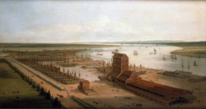 De Perry-scheepswerven (toen Green) op de Brunswick-dokken en het Blackwall-gebouw, een mastenfabriek, langs de Theems (Engeland) door William Daniell