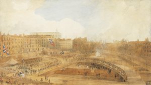 De Prins van Wales legt de eerste steen van het Theatre Royal, Covent Garden, 31 december 1808 door William Daniell