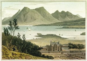 Westelijk uitzicht vanaf Raasay Island (Schotland), met beschrijving van een groot gebouw en de aangrenzende tuinen. Ets in kleuren door William Daniell door William Daniell