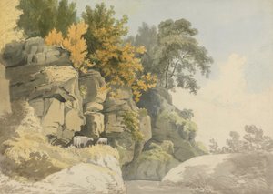 Bosrijke rotsen bij een stroom (Derbyshire?) door William Day