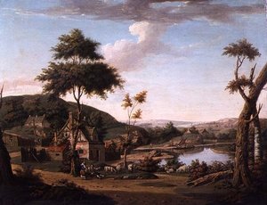 Rivierlandschap met figuren buiten een huisje door William Deas