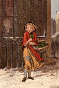 Arm meisje dat waterkers verkoopt op een besneeuwde straat door William Dickes
