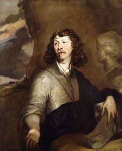 Portret van een Heer, Mogelijk de Kunstenaar, Halflengte, in een Bruine Mantel en Blauwe Omslag, Naast een Marmeren Buste, in een Rotsachtig Landschap