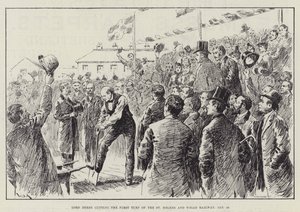 Lord Derby snijdt de Eerste Turf van de St Helens en Wigan Spoorweg, 28 januari