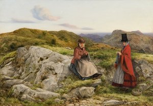 Welsh landschap met twee vrouwen die breien