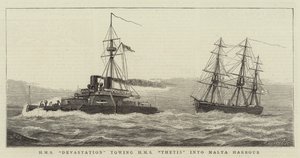 HMS Devastation sleept HMS Thetis naar de Haven van Malta
