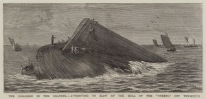 De Botsing in het Kanaal, poging om de Romp van de Forest op te blazen, bij Weymouth door William Edward Atkins