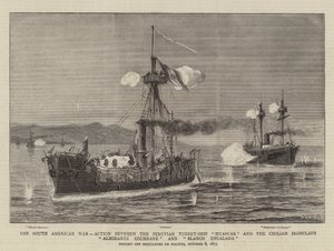 De Zuid-Amerikaanse oorlog, actie tussen het Peruaanse torpedoschip Huascar en de Chileense ijzeren schepen Almirante Cochrane en Blanco Encalada