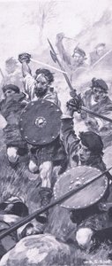 De Hooglanders bij de Slag om Killiecrankie, illustratie uit Britse gevechten op land en zee, 1915 door William Edward Stott